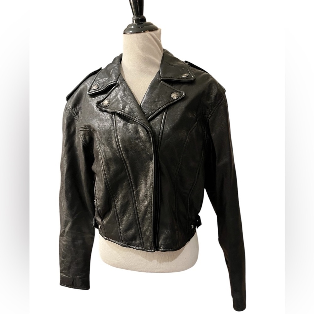 VTG Harley-Davidson Women’s Black Leather Moto Jacket Embossed Back Logo SZ L